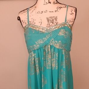 Oleg Cassini Turquoise and Gold Spaghetti Strap Cocktail Dress